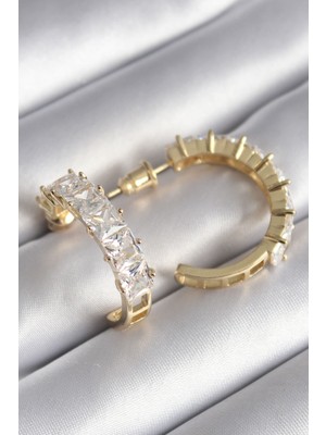 Hkursat Pirinç Gold Renk Zirkon Taşlı Halka Model Kadın Küpe