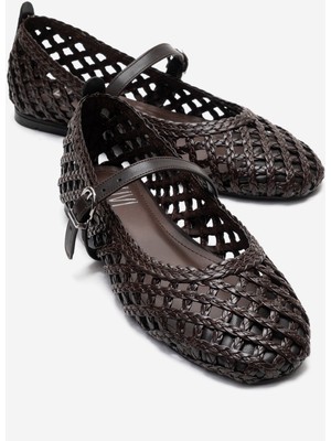 Luvi Doux Kahverengi Örgü Dokulu Bant Detaylı Kadın Babet Ayakkabı