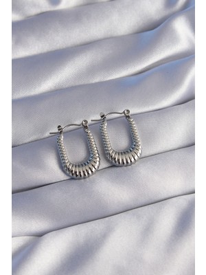 Hkursat 316L Çelik Gümüş Renk Dikdörtgen Tasarımlı Tırtıklı Küpe