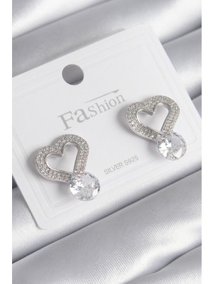 Hkursat Pirinç Gümüş Renk Zirkon Taşlı Kalp Model Damla Zirkon Taş Detay Kadın Küpe