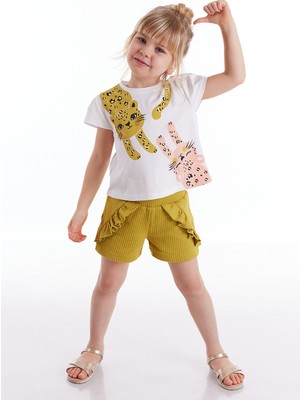 Denokids Kız Çocuk T-shirt Şort Takım Beyaz-Yeşil Kedi Temalı Özel Olay İçin 6 Yaş