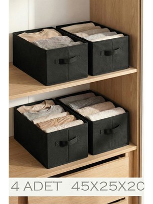 Prendi Home Siyah 4'lü Tela Dolap Içi Düzenleyici Kutu Organizer 45X25X20 cm Kazak Havlu Saklama Hurcu