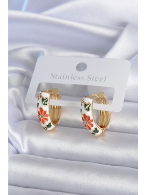 Hkursat Pirinç Gold Renk Beyaz Renk Çiçek Işleme Detay Kadın Küpe