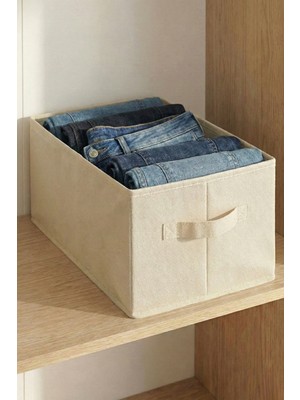 Prendi Home Krem Tela Dolap İçi Düzenleyici Kutu Organizer 45 x 25 x 20 cm Kazak Havlu Saklama Hurcu Kapaksız Dayanıklı Malzeme