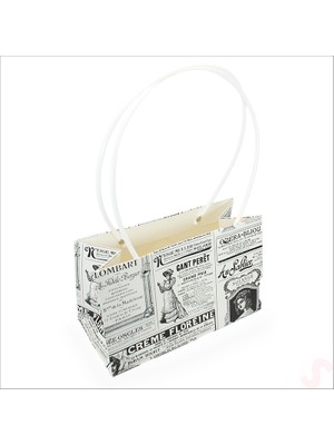 Süsle Bebek ve Parti Vintage Gazete Baskılı Karton Hediye Çantası  22×14×11 cm – Beyaz