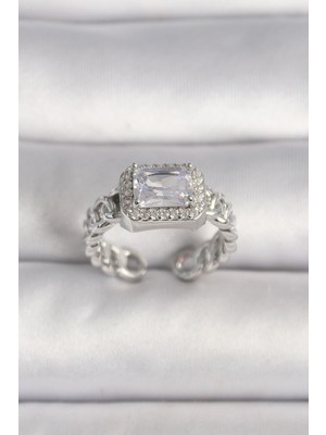 Hkursat Pirinç Gümüş Renk Ayarlanabilir Zincir Kare Zirkon Taşlı Kadın Yüzük