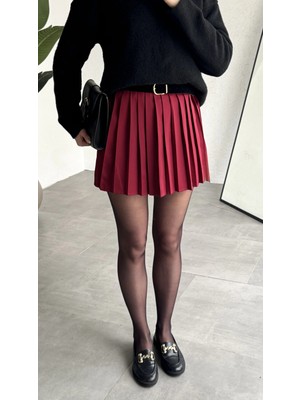 Asfa Moda Kadın Bordo Full Pileli Mini Arkası Şort Etek Yüksek Bel Günlük Kombin Etek