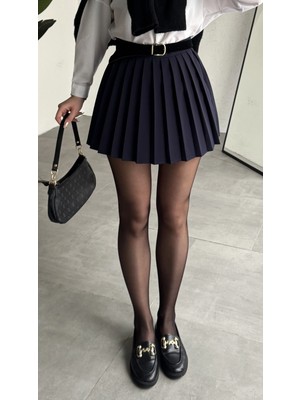 Asfa Moda Kadın Lacivert Full Pileli Mini Arkası Şort Etek Yüksek Bel Günlük Kombin Etek