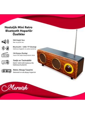 Goes Nostaljik Mini Retro Bluetooth Hoparlör & Fm Radyo USB 5W Güçlü Ses Ahşap Dekoratif Tasarım