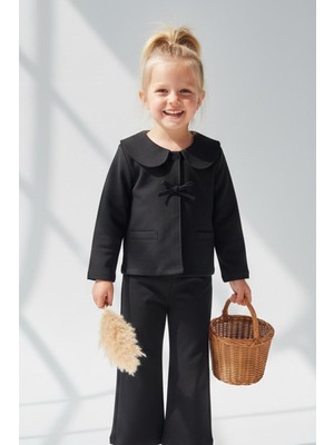 Monila Kız Çocuk Premium Kumaş Siyah Ceket ve Pantolon 2'li Takım