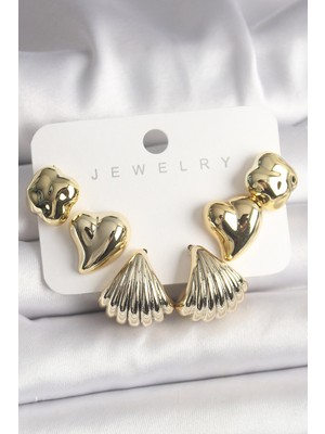 Hkursat Gold Renk Yonca Kalp Deniz Kabuğu Figür Ccb Kadın Küpe Seti