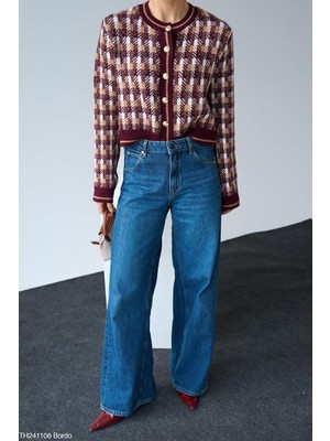 Butik Belvita Kareli Bordo Krem Renkli Hırka Standart Beden