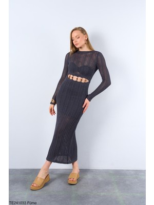 Butik Belvita Yırtmaçlı Göbeyi Boncuklu Triko Elbise