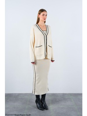 Butik Belvita Çizgili Süzeneli 3 Lü Triko Takım - Krem