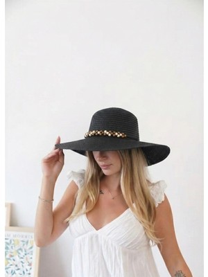 ZOE3tr Kadın Angl Siyah - Bej Kahve Boncuk Detaylı Hasır Şapka