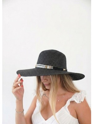 ZOE3tr Kadın AXL Siyah - Bej Siyah Boncuk Detaylı Hasır Şapka