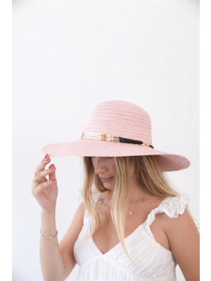 ZOE3tr Kadın AXL Pudra - Bej Siyah Boncuk Detaylı Hasır Şapka