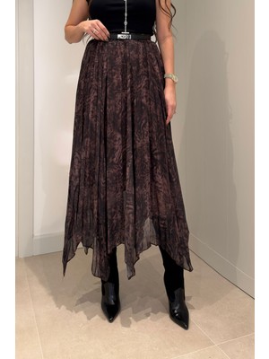 Magarde Batik Desen Astarlı Şifon Etek- Kahverengi