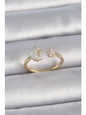 Hkursat Pirinç Gold Renk Incili Hilal Zirkon Taşlı Yıldız Ayarlanabilir Model Kadın Yüzük