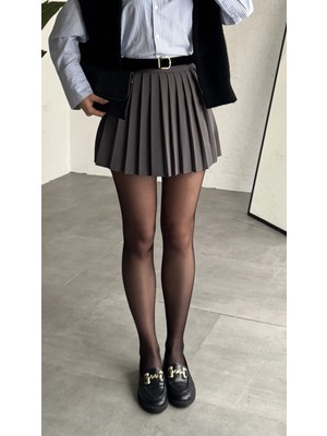 Asfa Moda Kadın Antrasit Full Pileli Mini Arkası Şort Etek Yüksek Bel Günlük Kombin Etek