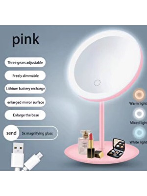 Flash Bazaar LED Işıklı USB Şarjlı Yuvarlak Masa Üstü Makyaj Aynası Makyaj Aynası Dokunmatik Pembe