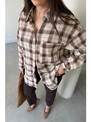 Magarde Premium Seri Taşlı Ekose Desen Gömlek- Kahverengi