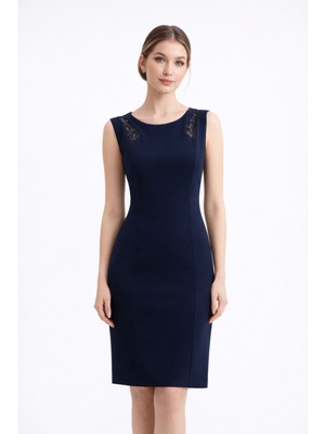 HOX'S Audrey | Dantel Garnili Dizüstü Kalem Elbise Yuvarlak Yakalı Kolsuz - Lacivert
