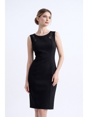 HOX'S Audrey | Dantel Garnili Dizüstü Kalem Elbise Yuvarlak Yakalı Kolsuz - Siyah