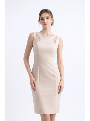 HOX'S Audrey | Dantel Garnili Dizüstü Kalem Elbise Yuvarlak Yakalı Kolsuz - Bej