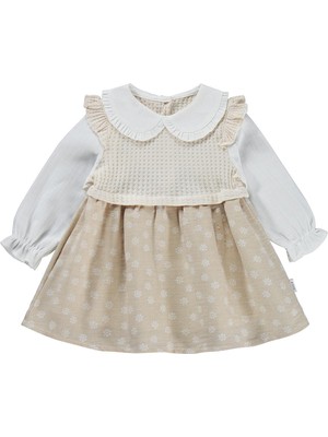 Lüks Kumru Tekstil Kumru Yakalı Omuz Fırfırlı 6-18 Ay Elbise - Bej 6-9 Ay