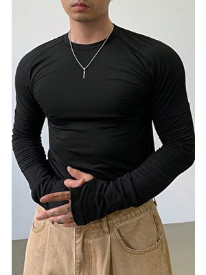 Tarz Cool Erkek Siyah Uzun Kollu Basic T-Shirt