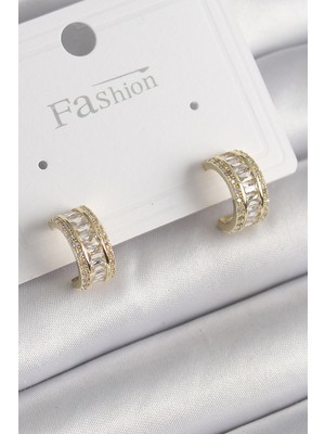 Hkursat Pirinç Gold Renk Zirkon Taşlı Halka Model Kadın Küpe