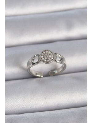 Hkursat Pirinç Gümüş Renk Zirkon Taşlı Incili Kalp Işleme Detay Ayarlanabilir Model Kadın Yüzük