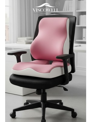 Viscowell Ortopedik Visco Anatomik Sırt Bel Destek Yastık Visco Koksiks Oturma Minderi Ofis Seti Pembe