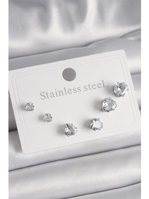 Hkursat 316L Çelik Gümüş Renk Zirkon Taşlı Kalp Model Kadın Küpe Seti