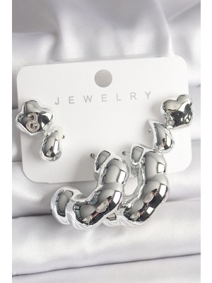 Hkursat Gümüş Renk Yonca Damla Halka Model Ccb Plastik Kadın Küpe Seti