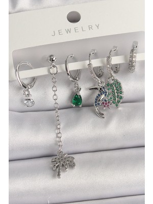 Hkursat Pirinç Gümüş Renk Sallantı Zirkon Taşlı Ağaç Figür Çoklu Kadın Küpe Seti