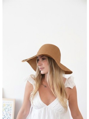 ZOE3tr Kadın VLT Naturel Yazı Detaylı Hasır Şapka
