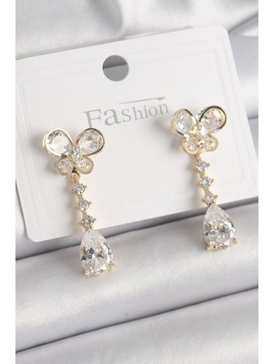 Hkursat Pirinç Gold Renk Zirkon Taşlı Kelebek Model Sallantı Damla Zirkon Taş Kadın Küpe