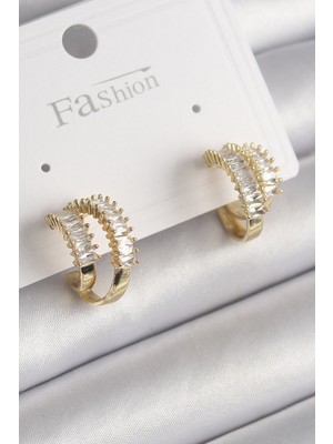 Hkursat Pirinç Gold Renk 2'li Zirkon Taşlı Halka Model Kadın Küpe