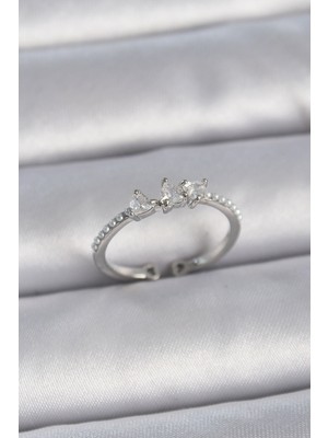 Hkursat Pirinç Gümüş Renk Zirkon Taşlı Kalp Inci Detay Ayarlanabilir Model Kadın Yüzük