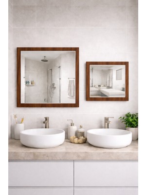 Digital Hayat 2'li Masif Ahşap Kare Ayna Seti (50+38 Cm) - Doğal Ceviz Beyaz Antrasit Çerçeveli Duvar Aynası Kombini