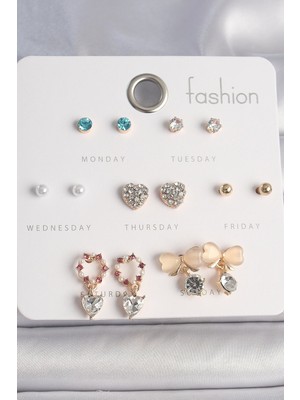 Hkursat Pirinç Gold Renk Zirkon Taşlı Kalp Beyaz Mineli Fiyonk Figür 7 Çift Kadın Küpe Seti