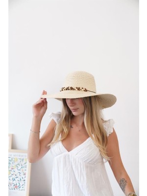 ZOE3tr Kadın ANGL Bej - Bej Kahve Boncuk Detaylı Hasır Şapka