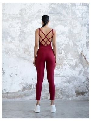 Tükato Dar Kesim Çapraz Bant Bordo Yoga Pilates Tulumu Spor Tayt Sırt Dekolteli