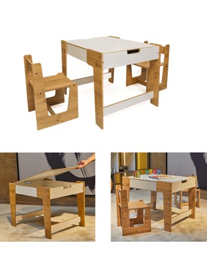 Minera Anka Montessori Ahşap Oyun ve Aktivite Masası ve Sandalyesi 0-6 Yaş (1 Masa + 2 Sandalye)
