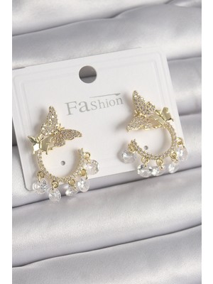 Hkursat Pirinç Gold Renk Zirkon Taşlı Sallantı Detay Kelebek Model Kadın Küpe