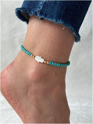 Hercy Doğal Taş Sedef El ve Doğal Turkuaz Boncuk Halhal | Turkuaz Halhal | Doğal Taş Halhal