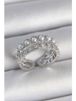 Hkursat Pirinç Gümüş Renk 2'li Sıra Zirkon Taşlı ve Incili Ayarlanabilir Kadın Yüzük