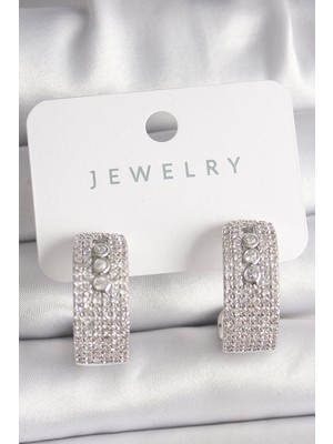 Hkursat Pirinç Gümüş Renk Zirkon Taşlı Halka Messika Model Kadın Küpe